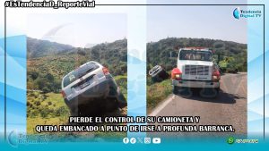 Pierde el control de su camioneta y queda enbancado a punto de irse a profunda barranca.